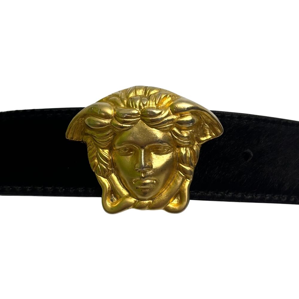 Gianni Versace Vintage Gold Tone Medusa Black Fur Calfskin Leather Belt Size 28 - Picture 2 of 13